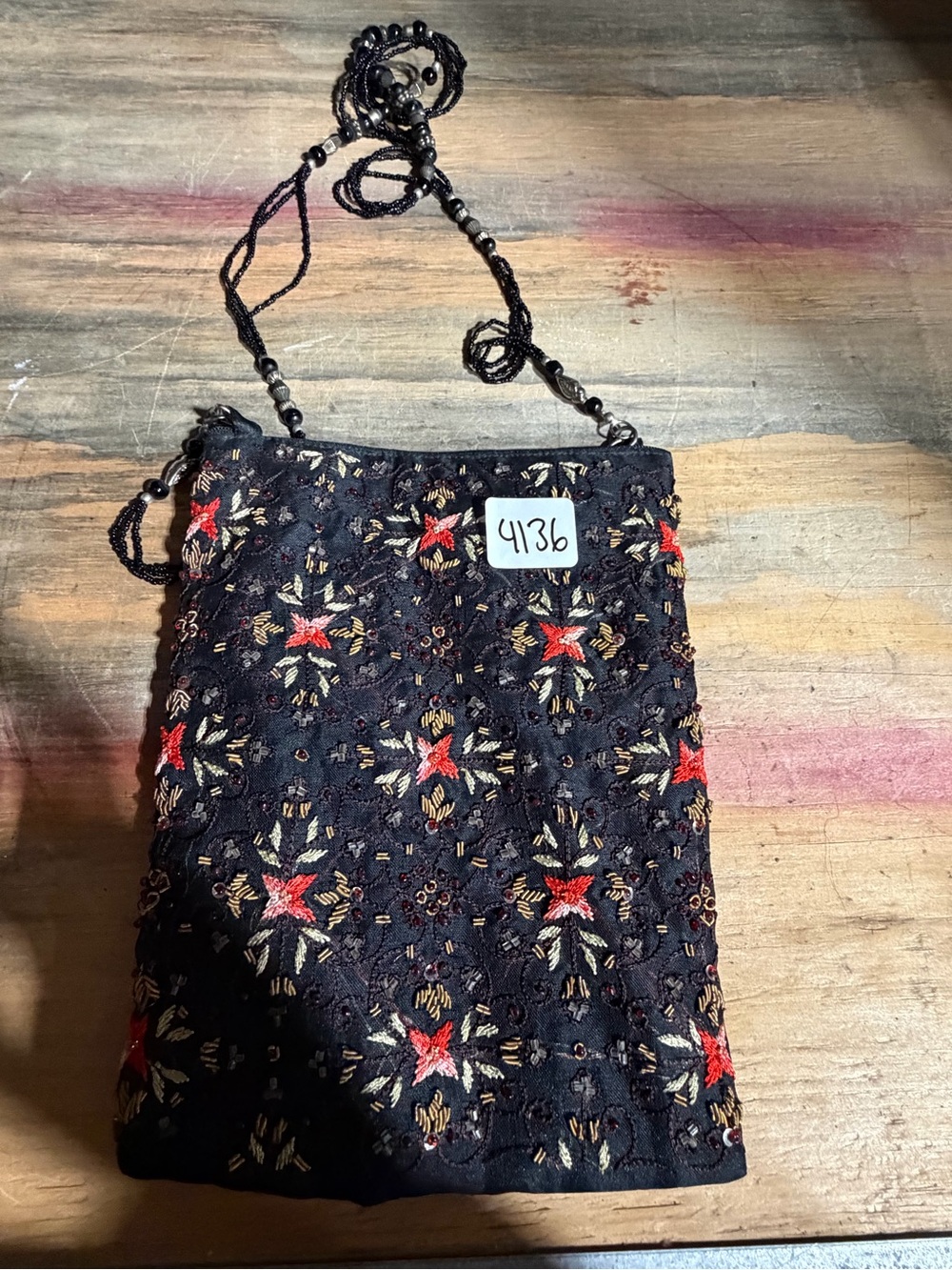 #4136-Embroidered Black Crossbody Bag with Red Floral Accents